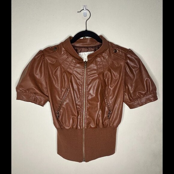 ARDEN B Faux Leather Short-Sleeve Cropped Brown Jacket Size M - Picture 1 of 4